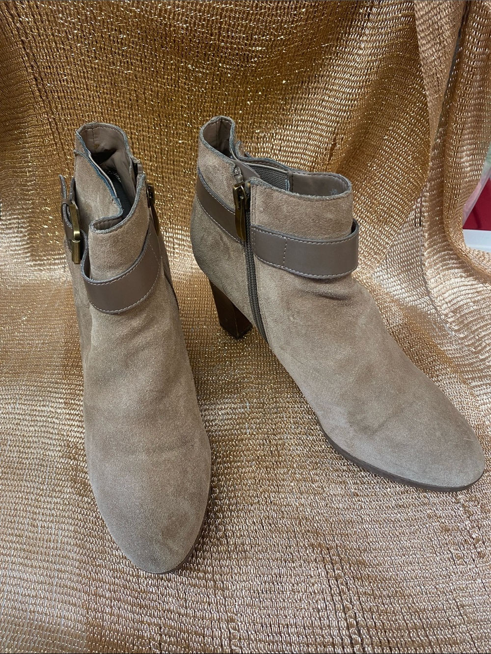 Franco Sarto Tan Suede Ankle Booties with Strap Detail -3.5” wood heels